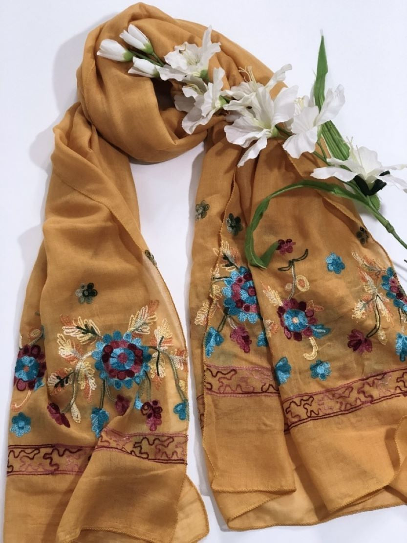 Embroidered Cotton Scarf/Hijab-Yellow