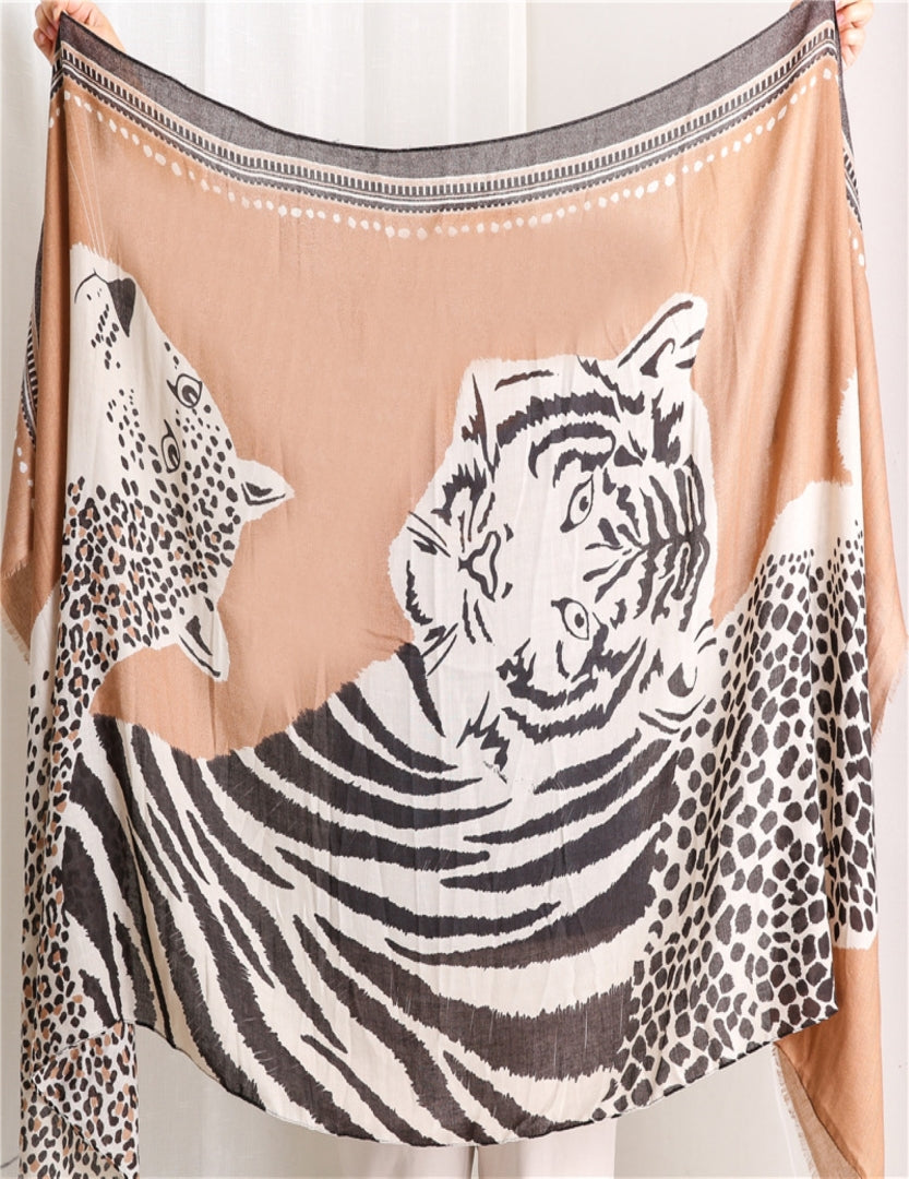 Tiger Printed Cotton/ Viscose Scarf For Women