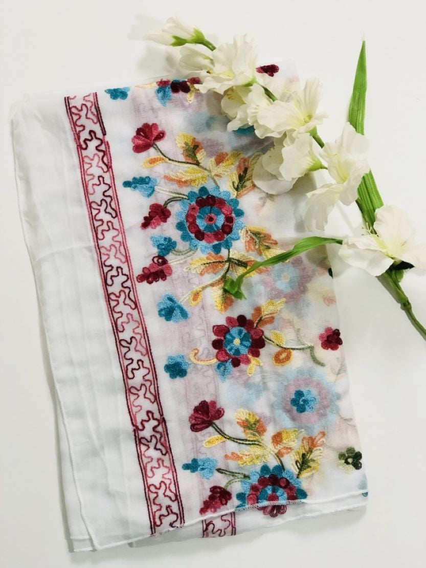 Embroidered Cotton Scarf/Hijab-WHITE