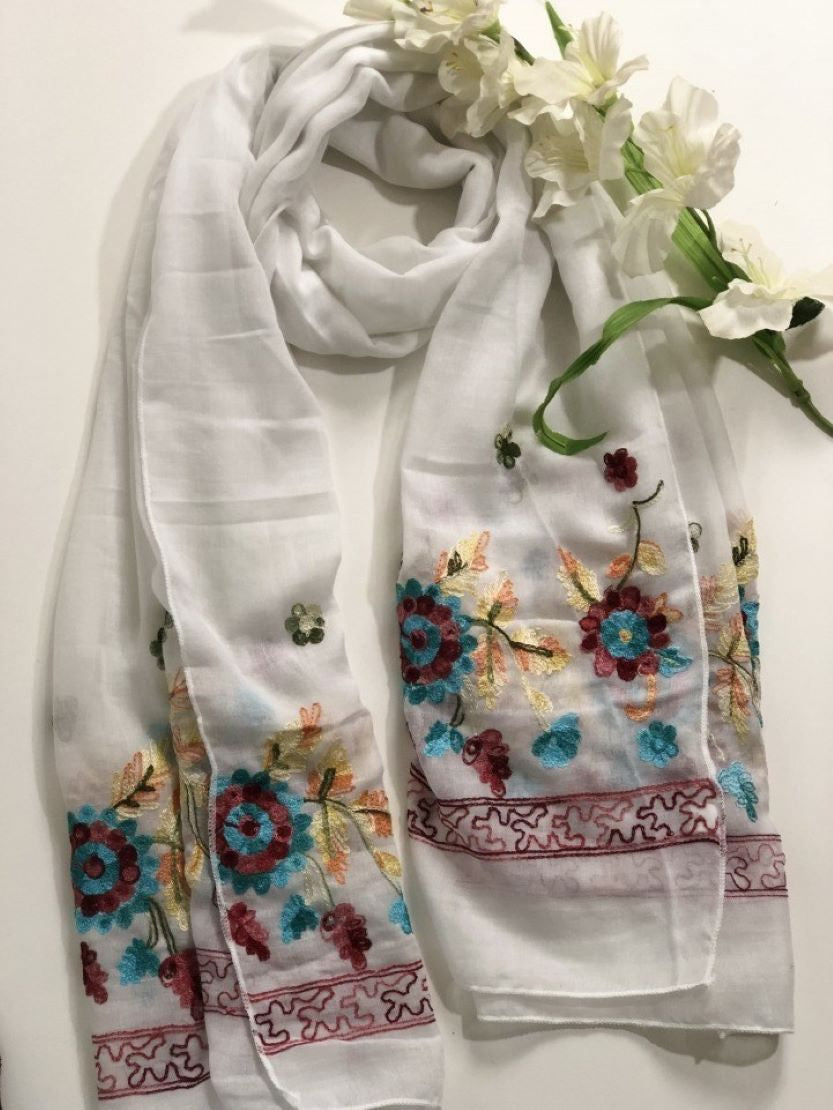 Embroidered Cotton Scarf/Hijab-WHITE