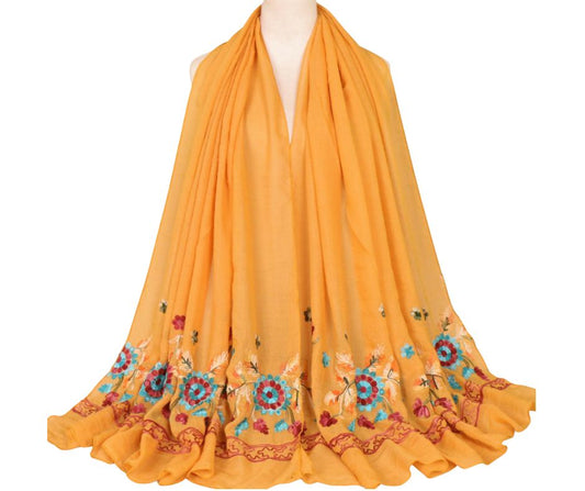 Embroidered Cotton Scarf/Hijab-Yellow