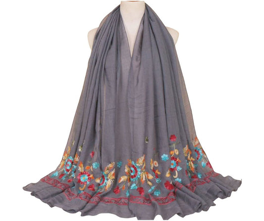 Embroidered Cotton Scarf/Hijab- Charcoal Grey