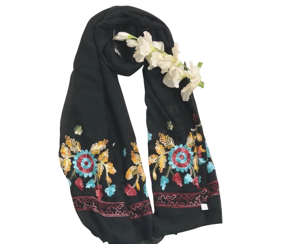 Embroidered Cotton Scarf / Hijab - Black