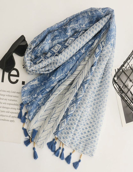 Cotton Scarf With Tassel- Blue